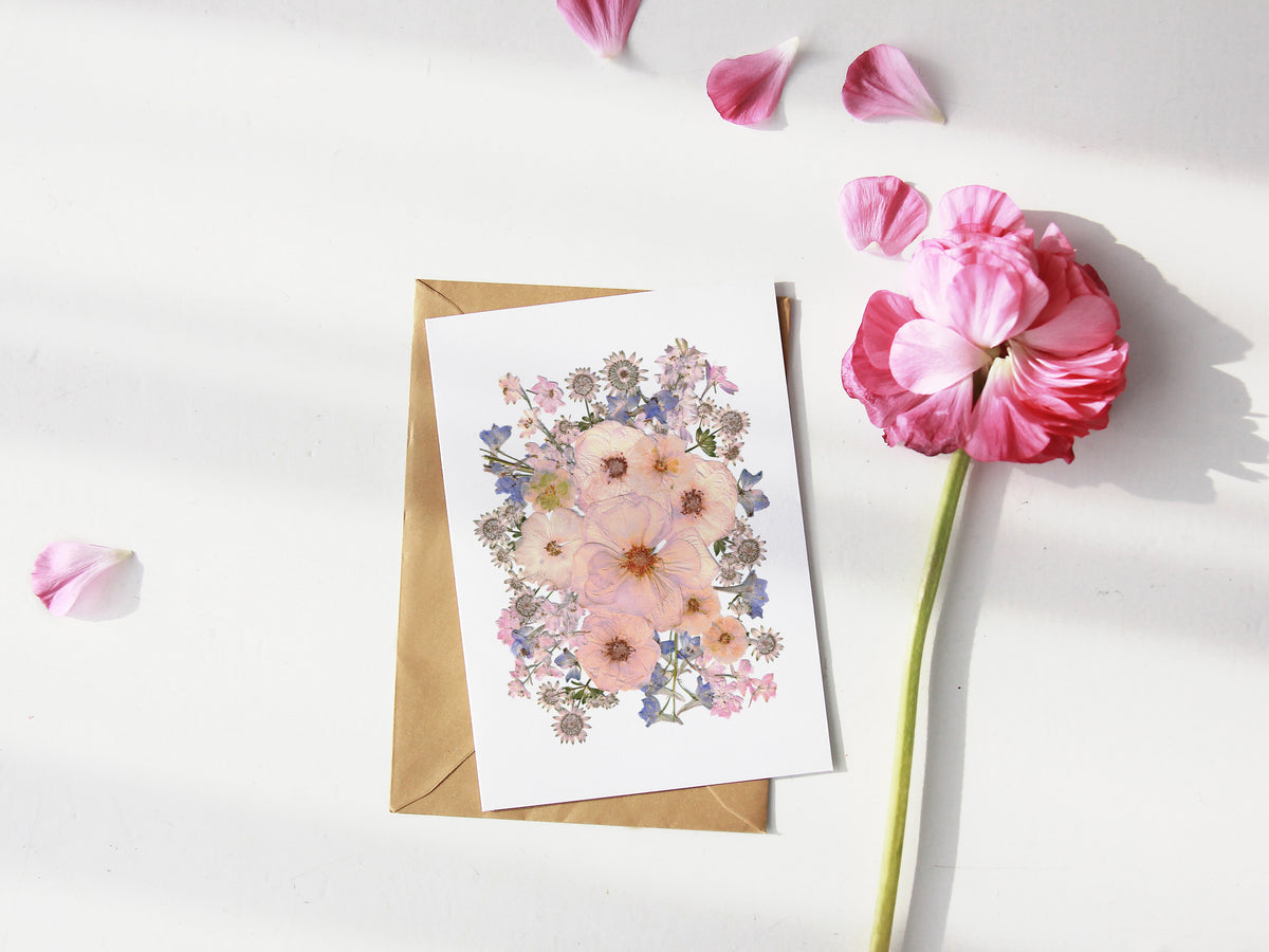 Pink Rose Larkspur - Pressed flower collection greeting card