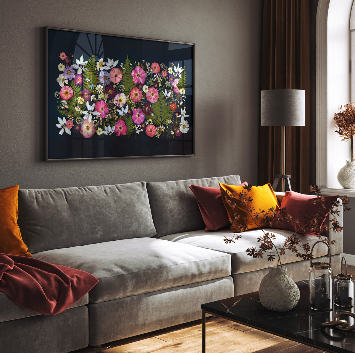 ROSESONBLACKFRAMED20X30LIVINGR