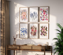 Load image into Gallery viewer, Botanical print, Pressed flowers herbarium specimen dried flower art, pressed botanical art 8.5" x 11" UNFRAMED PRINT Dark Rose Anemone