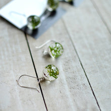 Load image into Gallery viewer, Handcrafted earrings feature a piece of beautiful green Norwegian moss, preserved in the clear jewelry grade resin. 