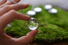 Load image into Gallery viewer, The pedant holds a cluster of real preserved dandelion seeds finished in a stained glass technique.
