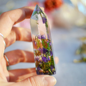 Natural crystal point, faux clear quartz crystal, floral terrarium, bohemian style decor, crystal tower, preserved flowers, hippie gifts