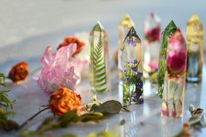 Natural crystal point, faux clear quartz crystal, floral terrarium, bohemian style decor, crystal tower, preserved flowers, hippie gifts