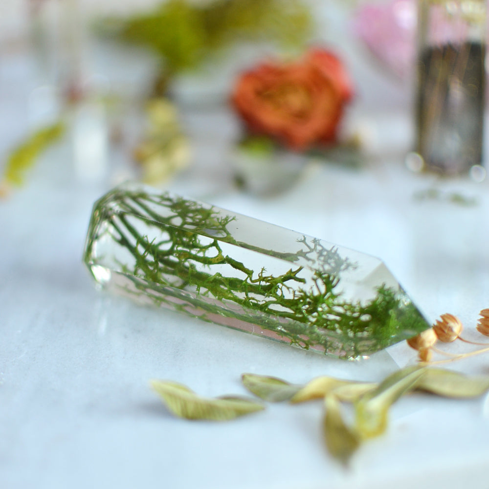 Daisy natural crystal point, pressed flower terrarium