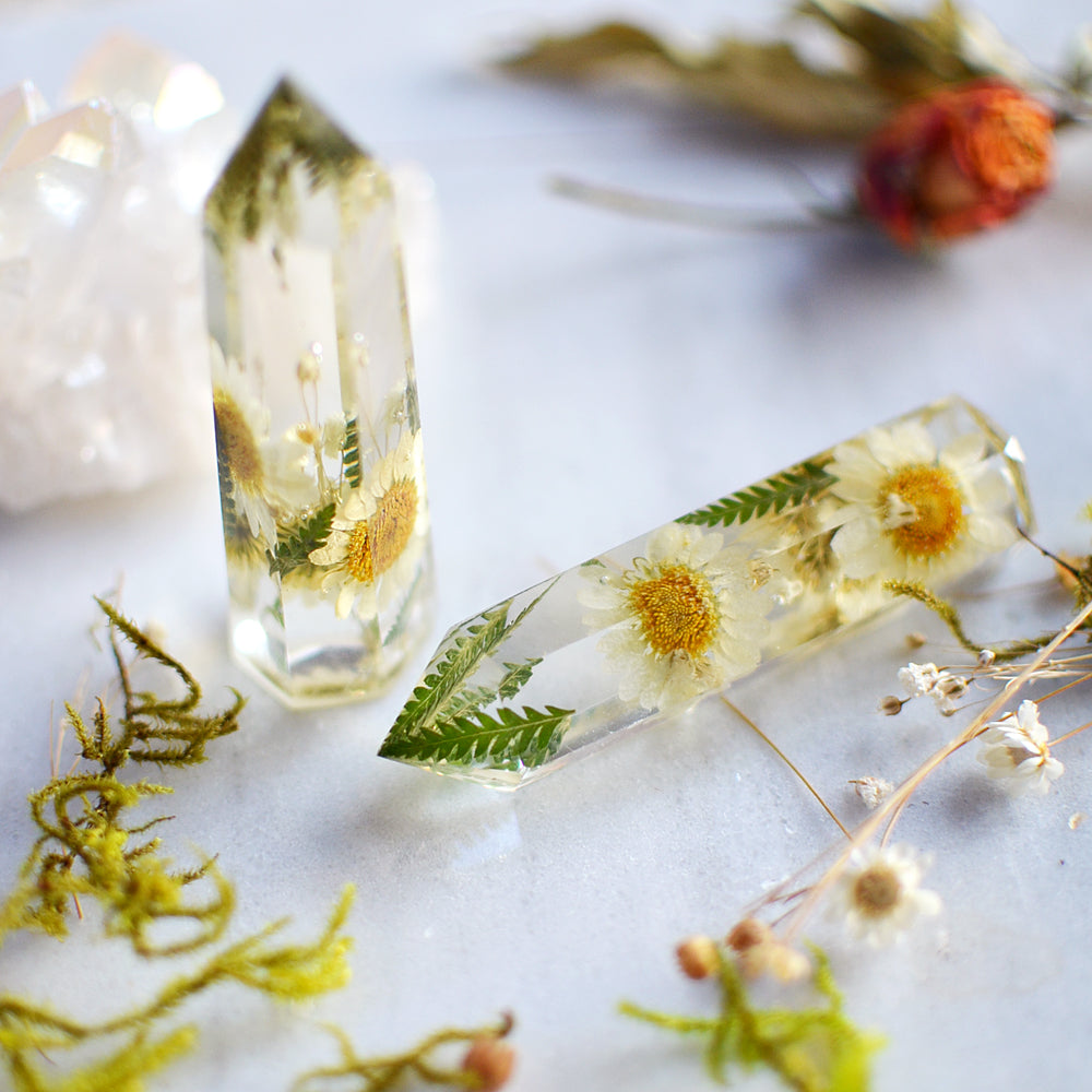 Daisy natural crystal point, pressed flower terrarium