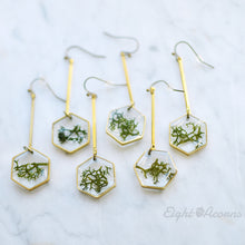 Load image into Gallery viewer, A pair of dangling beauties fit for the queen of her own hive. Solid brass honeycombs filled with fragments of Norwegian moss.  – Minimalist yet unique and contemporary design. 