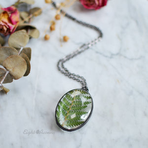 Cinnamon Fern leaf, Oval pendant, terrarium jewelry