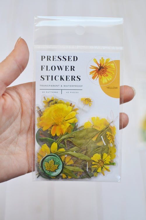 Pressed Flower Sticker Set - 40 Waterproof Vinyl Stickers YELLOW