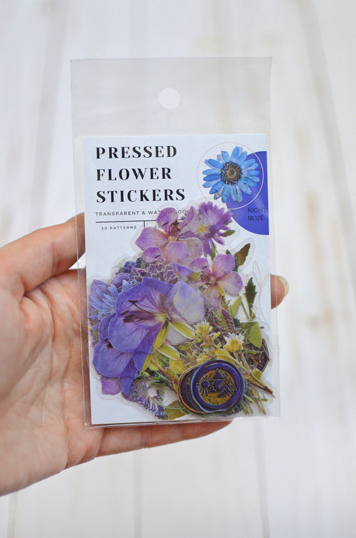 Pressed Flower Sticker Set - 40 Waterproof Vinyl Stickers NIGHT BLUE