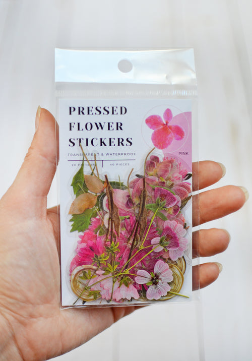 Pressed Flower Sticker Set - 40 Waterproof Vinyl Stickers PINK