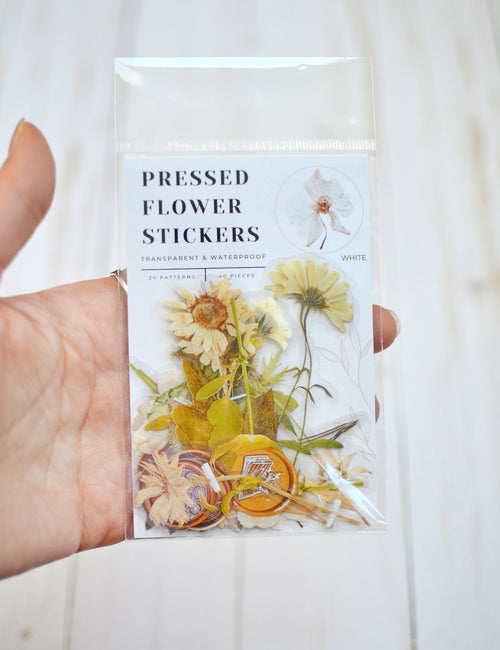 Pressed Flower Sticker Set - 40 Waterproof Vinyl Stickers WHITE