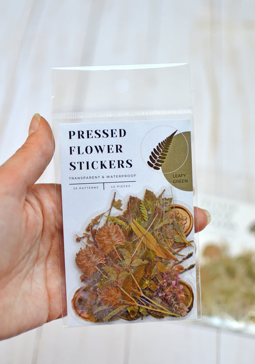 Pressed Flower Sticker Set - 40 Waterproof Vinyl Stickers LEAFY GREEN