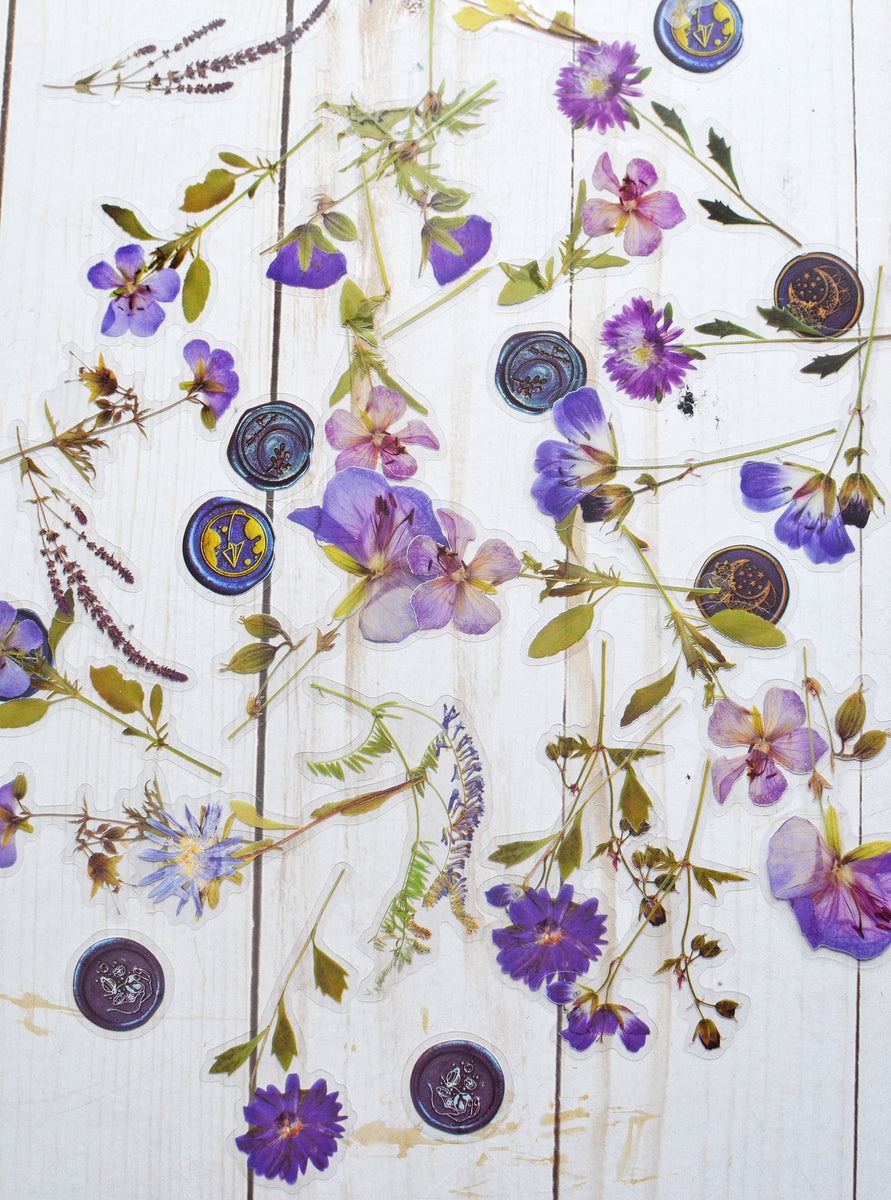 Pressed Flower Sticker Set - 40 Waterproof Vinyl Stickers NIGHT BLUE ...