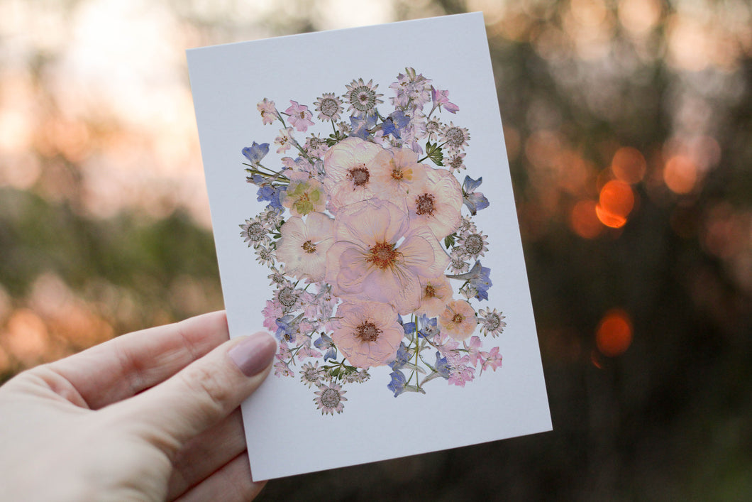 Pink Rose Larkspur - Pressed flower collection greeting card