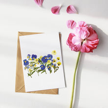 Load image into Gallery viewer, Blue/Yellow Pansy Viola  - Pressed flower collection card