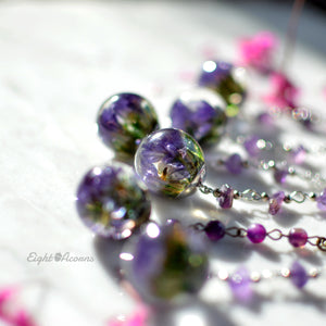 purple statice limonium necklace with amethyst 