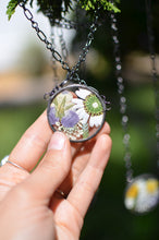 Load image into Gallery viewer,  Unique terrarium style necklace features home grown and locally sourced daisies, violas, ferns and queen anne&#39;s lace - carefully arranged into Summer bouquet for you to admire. * Flowers are pressed and dehydrated to preserve the natural shape and color, then carefully set in a glass in a stained glass technique. 