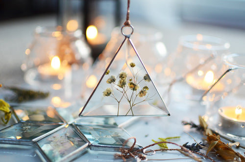 Pressed Flowers Glass Ornament - Baby's breath flowers, Bevel suncatcher