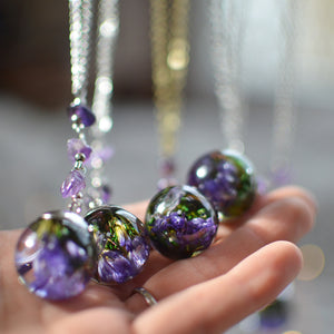 real flower necklace, purple Sea Lavender necklace with amethyst 
