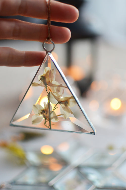 Pressed Flowers Glass Ornament - White larkspur, Bevel suncatcher