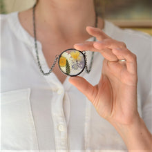 Load image into Gallery viewer, * Unique terrarium style necklace features home grown and locally sourced daisies, violas, ferns and queen anne&#39;s lace - carefully arranged into Summer bouquet for you to enjoy forever!  * Flowers are pressed and dehydrated to preserve the natural shape and color, then carefully set in a glass in a stained glass technique.