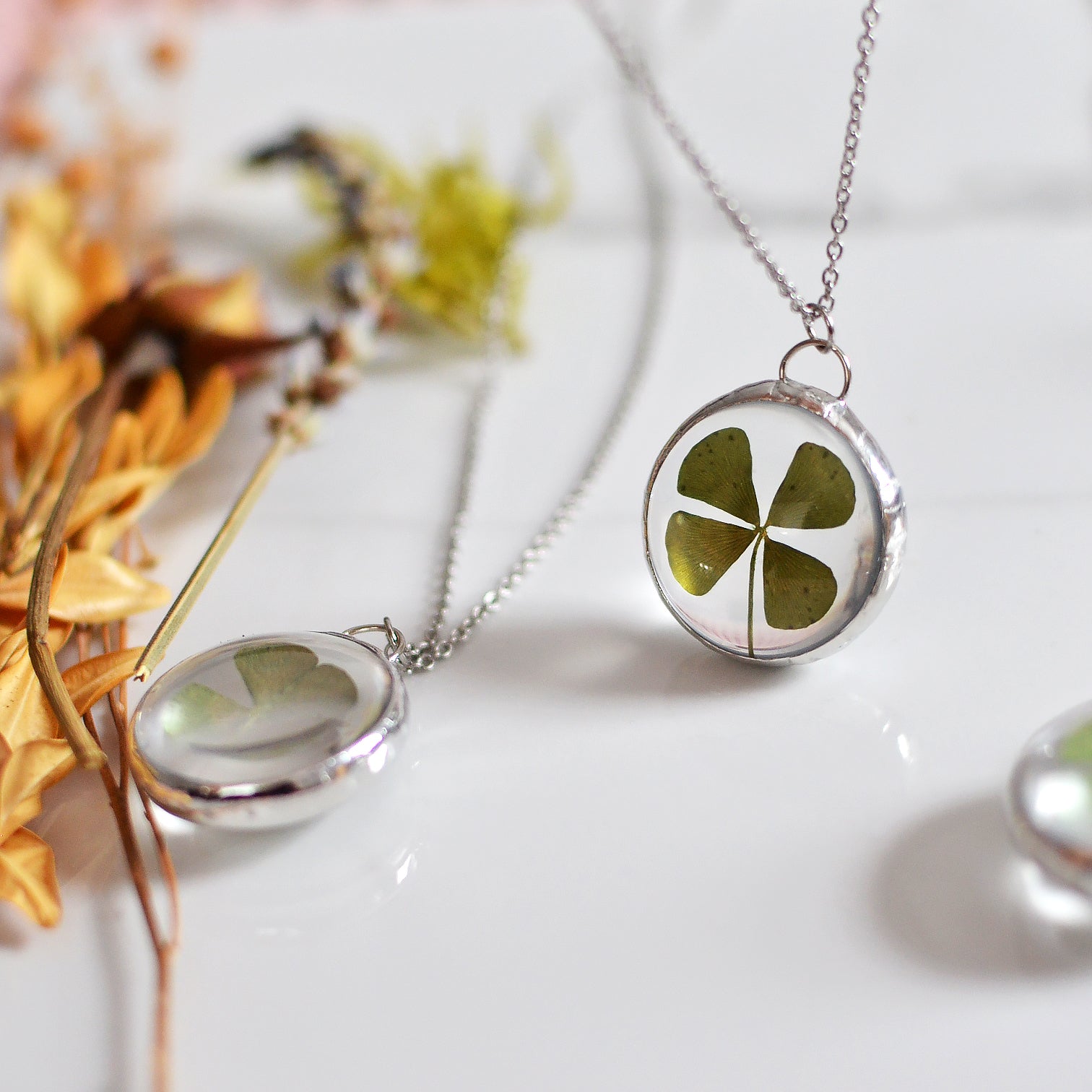 Four leaf clover necklace, pressed leaf, Lucky 4 leaf clover – Eight Acorns  Floral Preservation