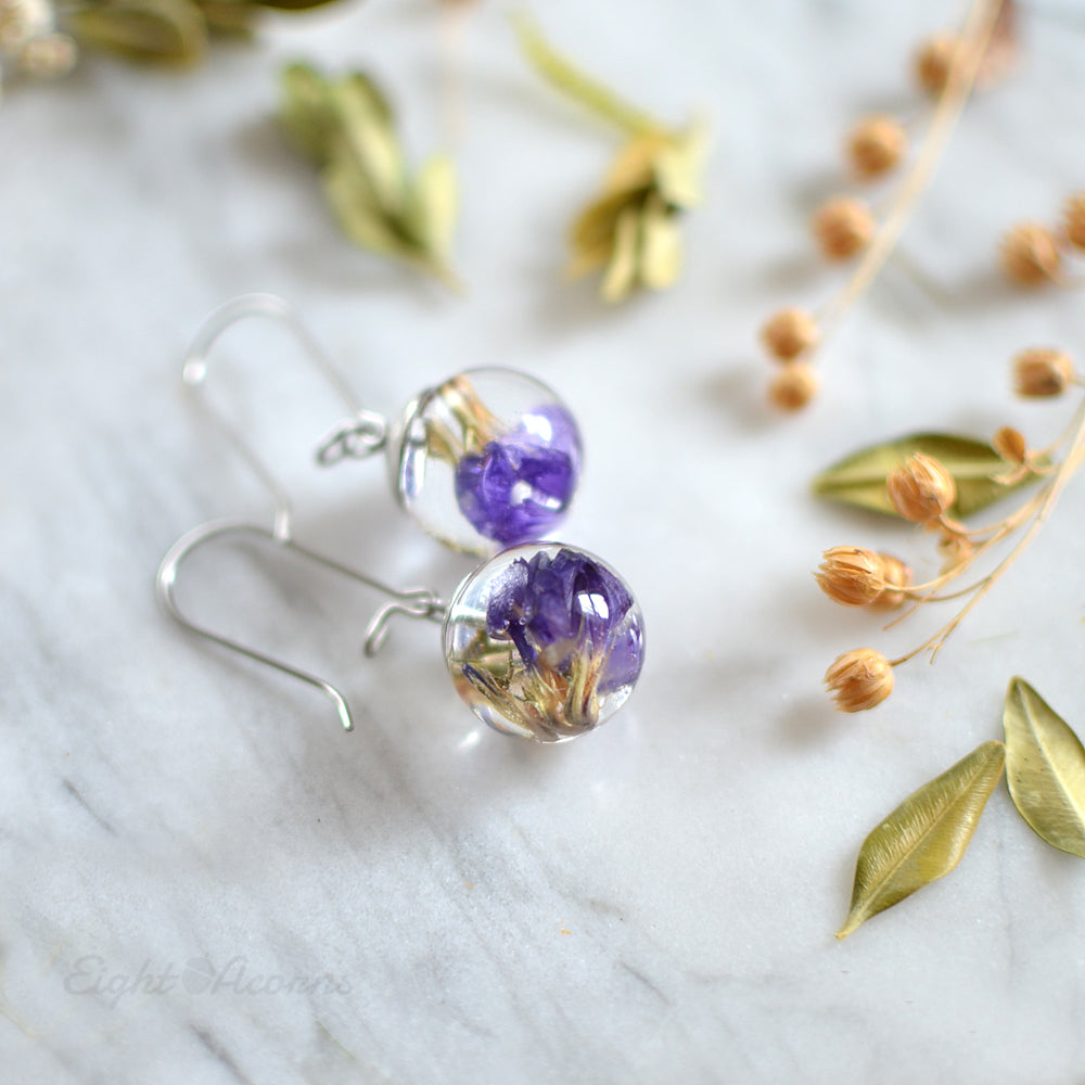 Purple limonium sphere earrings