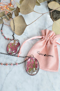Pink heather flower glass pendant
