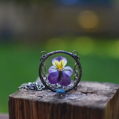 Eternal Summer botanical necklace - Pressed Pansy/Viola. February birth flower.