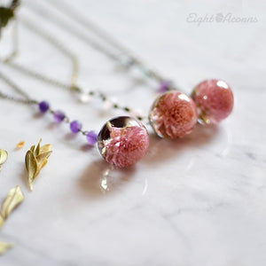 (Wholesale) Pink Globe Amaranth Flower necklace, 25" bronze