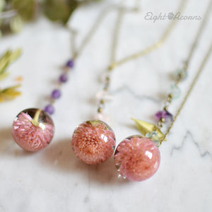 (Wholesale) Pink Globe Amaranth Flower necklace, 25" bronze