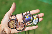 Load image into Gallery viewer, Eternal Summer botanical necklace - Pressed Pansy/Viola. February birth flower.