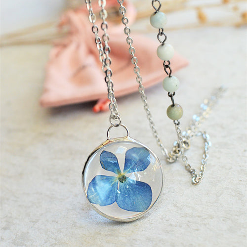 Blue Hydrangea Blossom, Glass pressed flower Pendant