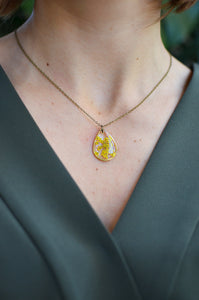 Yellow Queen Anne's Lace teardrop brass Pendant