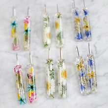 Load image into Gallery viewer, Unique earrings feature miniature bright flowers and leaves carefully arranged into a cheerful bouquet for pop of color. All flora is professionally preserved in high-quality jewelry grade Eco-resin and will last a lifetime for you to admire without loosing its original beauty.