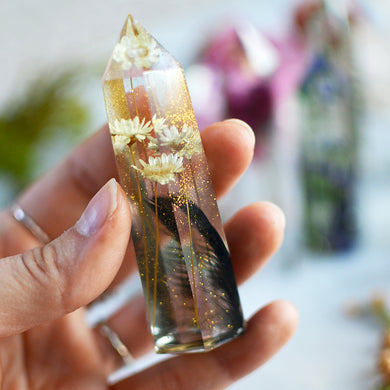 Pressed flower terrarium, clear faux quartz crystal tower