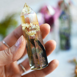 Pressed flower terrarium, clear faux quartz crystal tower