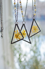 Load image into Gallery viewer,  Unique terrarium style necklace features bright yellow dyed Queen Annes lace.
