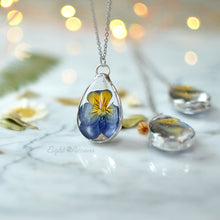 Load image into Gallery viewer, Pressed blue yellow pansy teardrop 