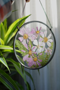 Round pressed flower wall hanging - Cosmos/Fern