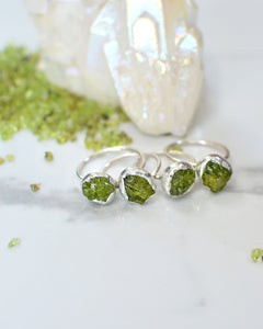 Green natural peridot August birthstone Silver ring