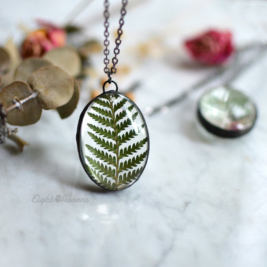 Cinnamon Fern leaf, Oval pendant, terrarium jewelry