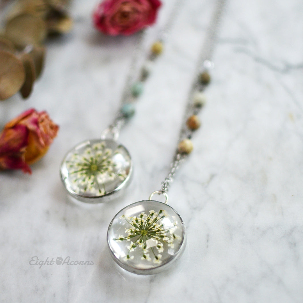 Pressed flower necklace, White Queen Anne's Lace 