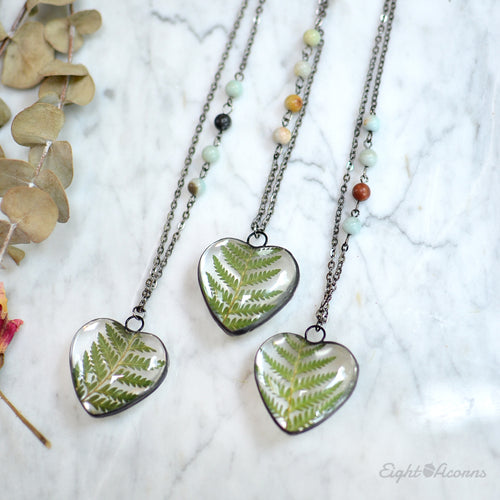 Cinnamon Fern leaf, Heart pendant, terrarium jewelry