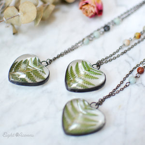 Cinnamon Fern leaf, Heart pendant, terrarium jewelry