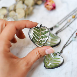 Cinnamon Fern leaf, Heart pendant, terrarium jewelry