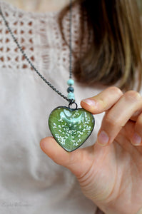 Dogwood leaf green heart pendant, terrarium jewelry