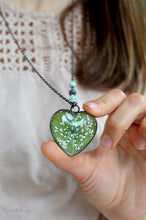 Load image into Gallery viewer, Dogwood leaf green heart pendant, terrarium jewelry