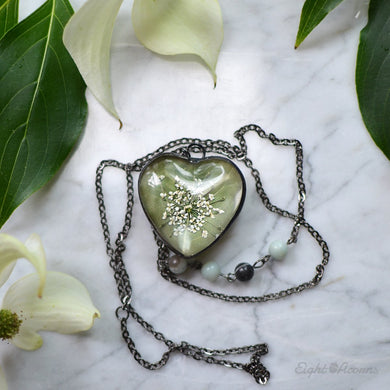 Dogwood leaf green heart pendant, terrarium jewelry
