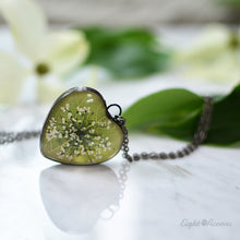 Load image into Gallery viewer, Dogwood leaf green heart pendant, terrarium jewelry